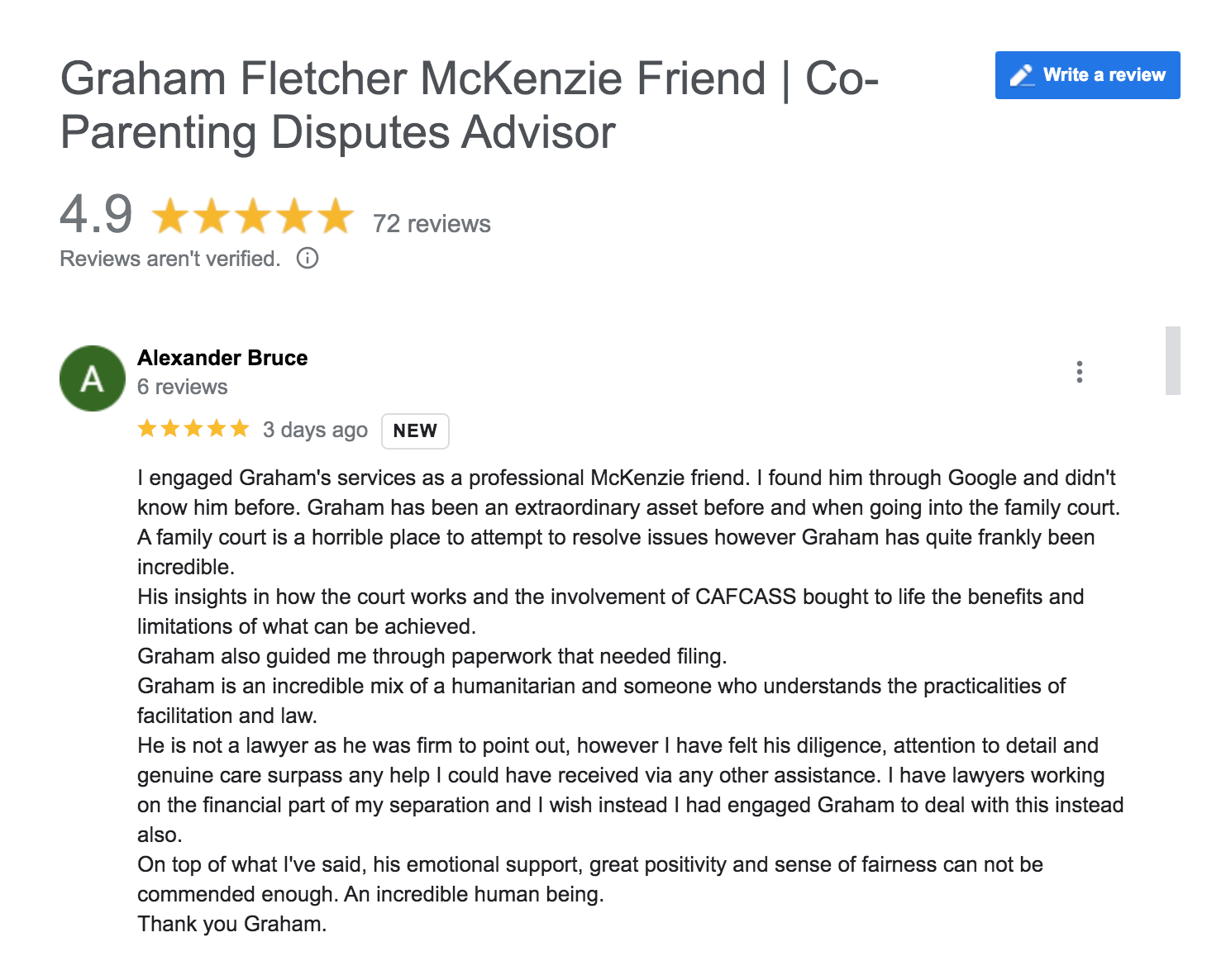 5 star McKenzie Friend review left on google by a client of Graham Fletcher McKenzie Friend 
