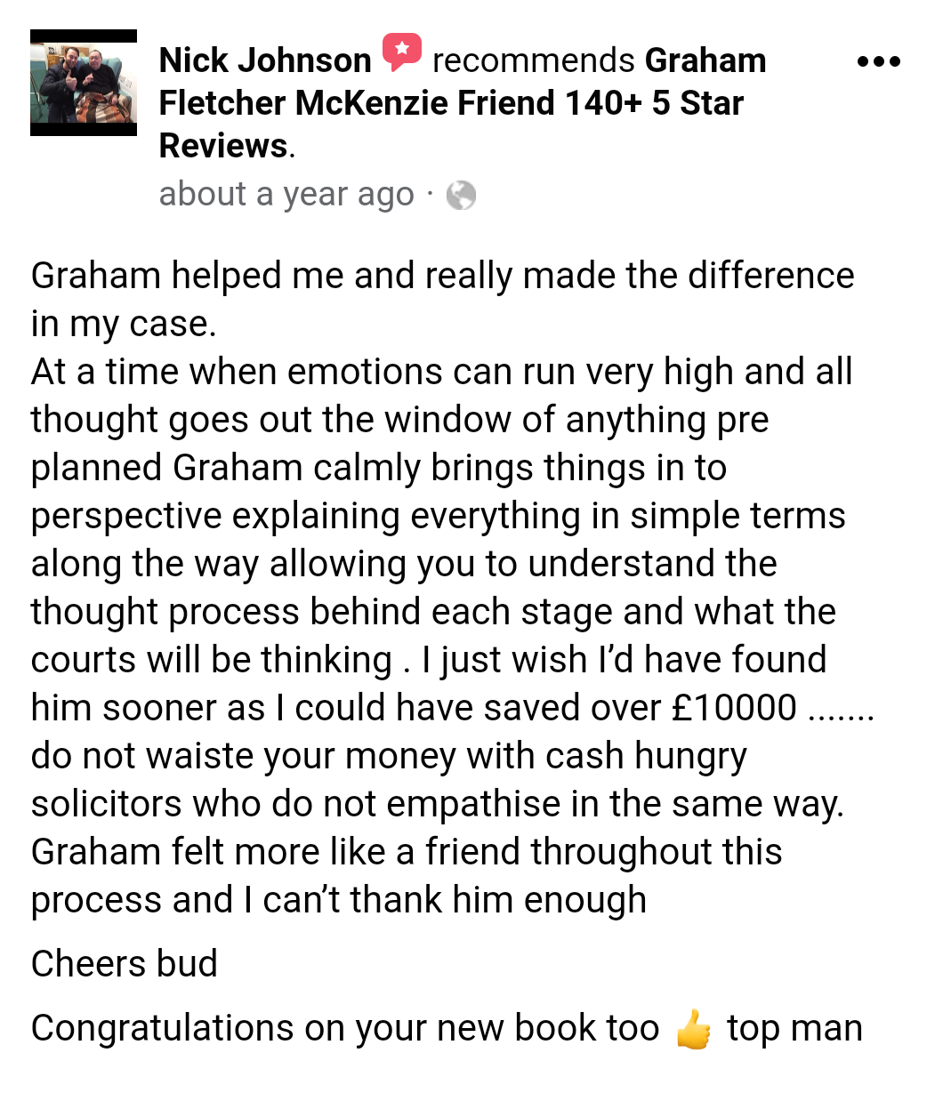 5 star facebook mckenzie friend review from mr nick johnson