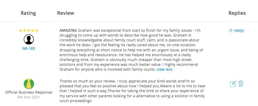 5 star McKenzie Friend review left on Yell by a client of Graham Fletcher McKenzie Friend