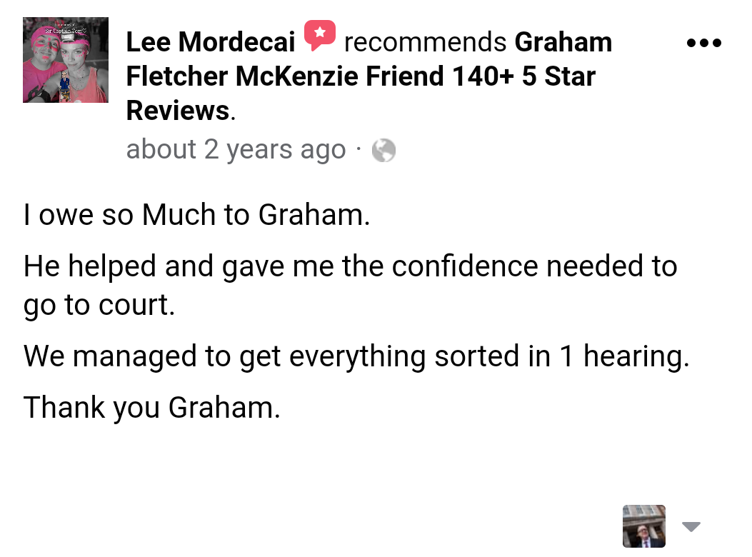 5 star facebook mckenzie friend review from mr lee mordecia