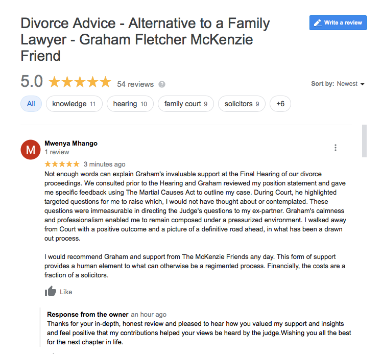 5 star mckenzie friend review left on google for mckenzie friend support at a divorce finances final hearing 